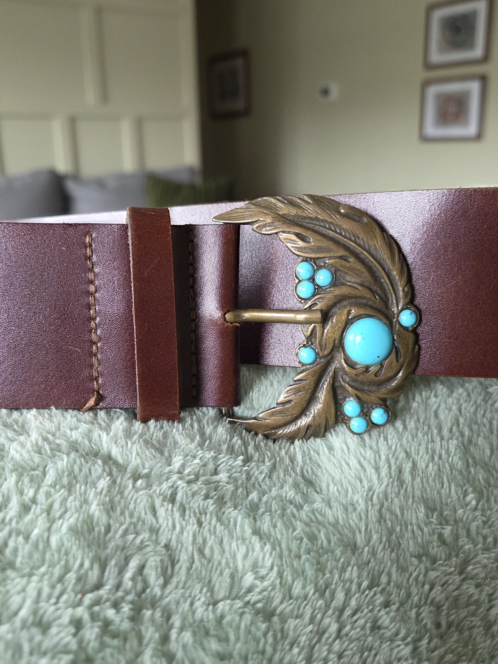Brown Leather Women's Belt with Turquoise-Accent Leaf Buckle